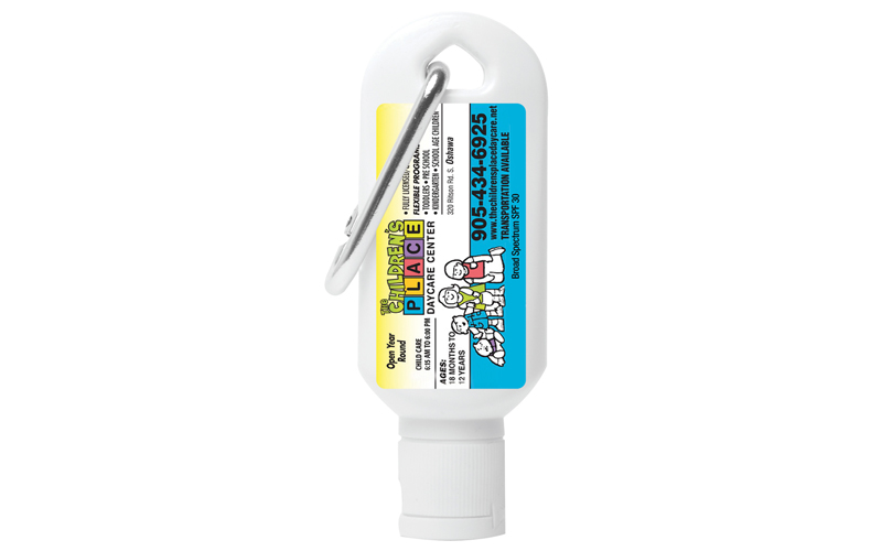 2.0 oz Broad Spectrum SPF 30 Sunscreen Lotion in Solid White Carabiner Tottle 2.0 oz Broad Spectrum SPF 30 Sunscreen Lotion in Solid White Carabiner Tottle